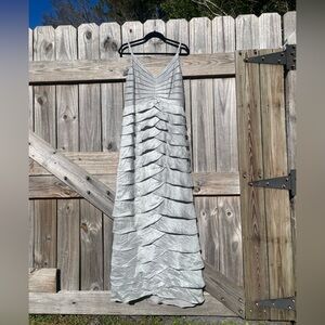 Adrianna Papell Metallic Silver Tiered Full length Dress
